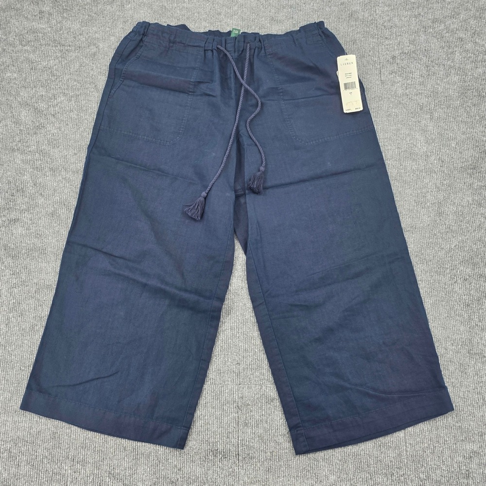 Lauren Ralph Lauren Navy Blue Linen Blend Wide Leg Capri Pants Size L NWT